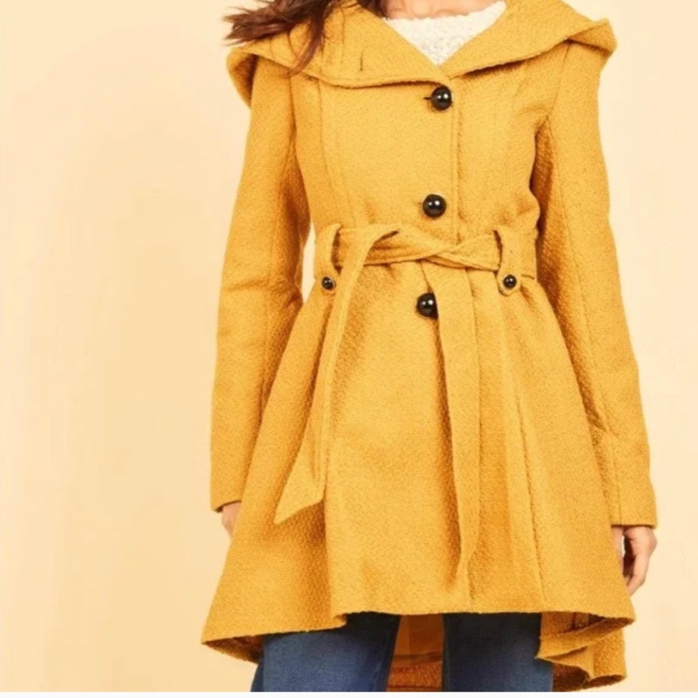 Mustard Yellow Hooded Belted Swing Coat - Picture 2 of 3